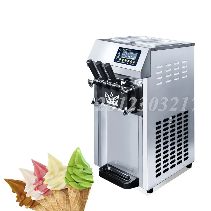 Small Ice Cream Maker with Pre-Cooling Function Stainless Steel 3 Heads Soft Ice Cream Machine Countertop Sundae Making Machine