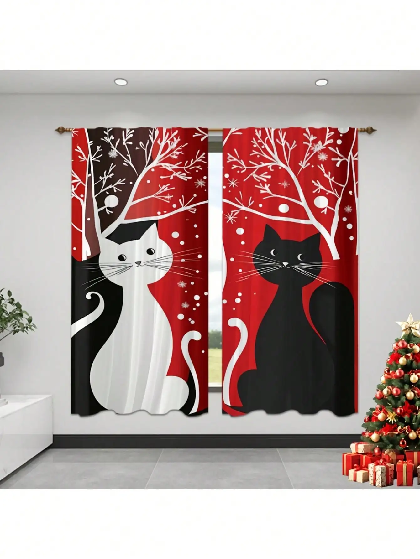 2pcs, Creative Curtains For Day Featuring A Couple Of Cats Made From Versatile Polyester Fabric Suitable For The Living Room