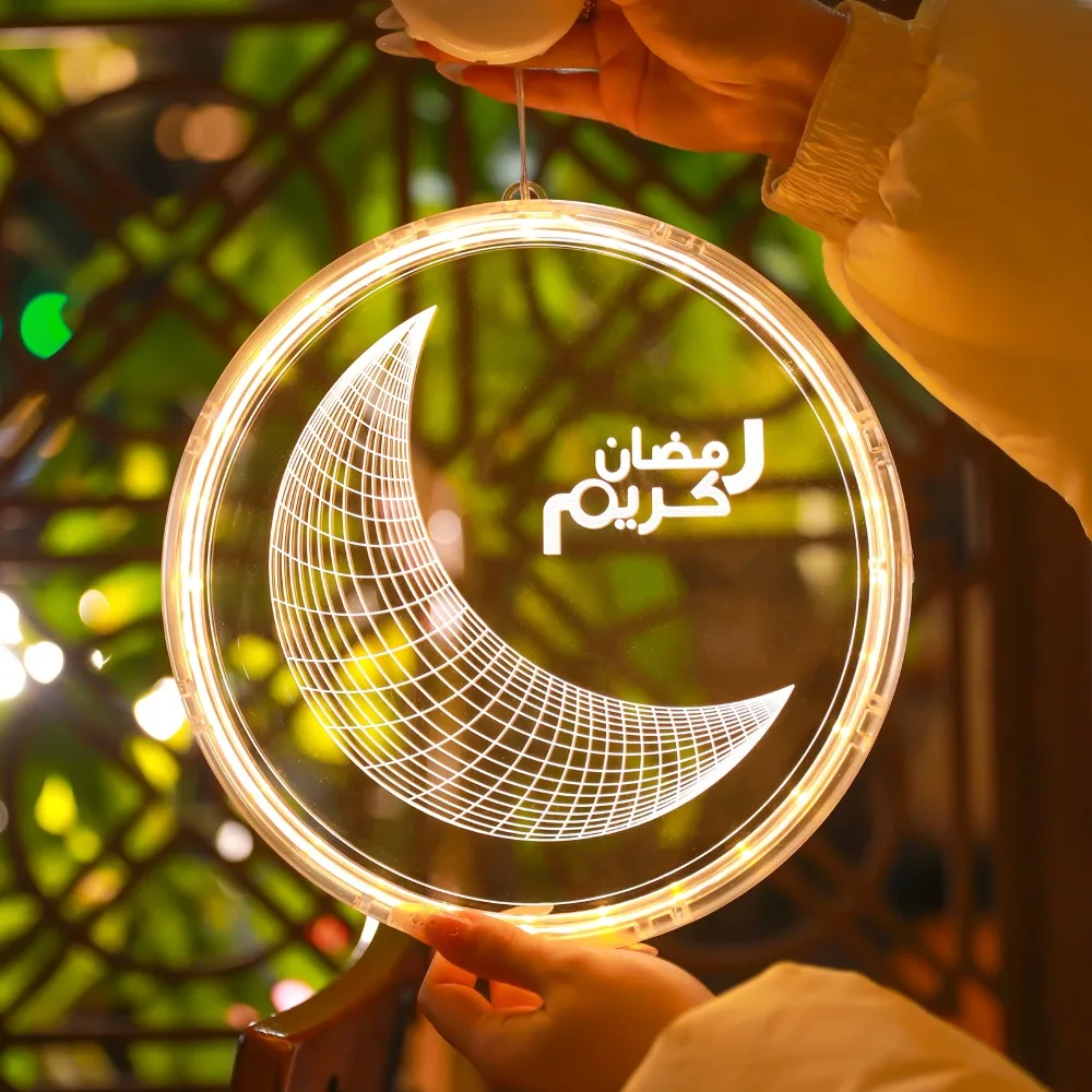 

Luminous Ramadan Hanging Lamp Suction Cup Battery Powered Eid Mubarak Lamp Night Lights Round LED Fairy Lights Festival Decor