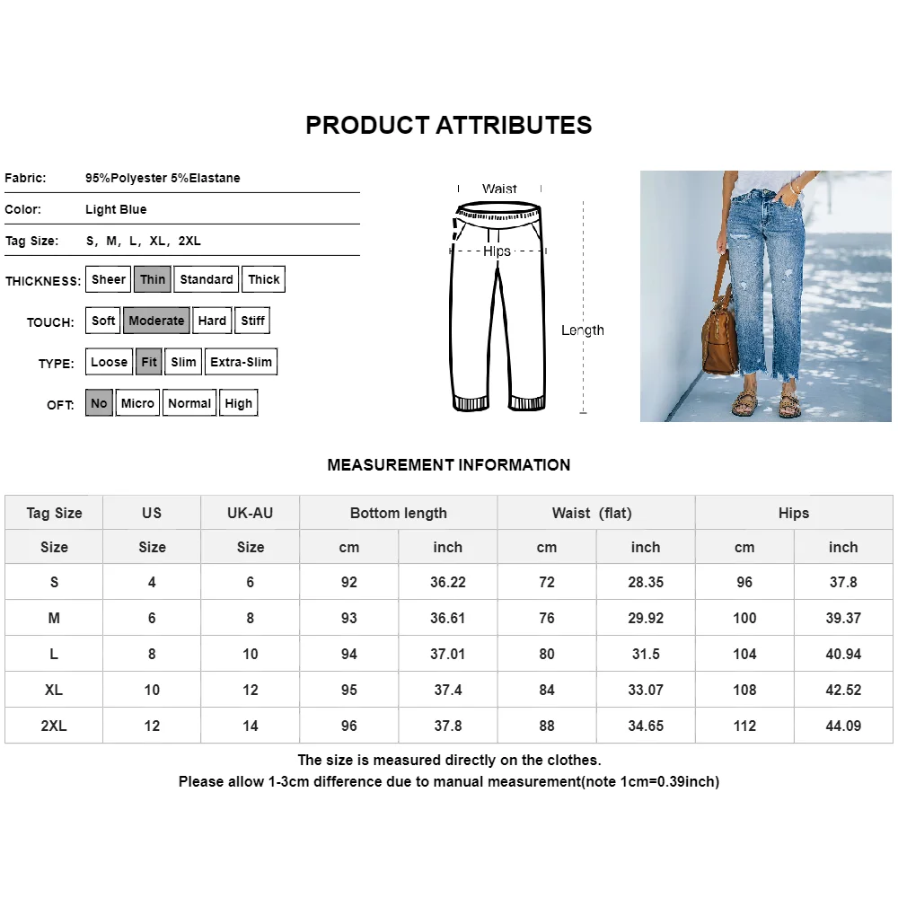 ارتفاع الخصر ممزق الدينيم النساء السراويل سراويل أنيقة عادية سليم اقتصاص مستقيم الجينز الملابس النسائية S M L XL XXL #6