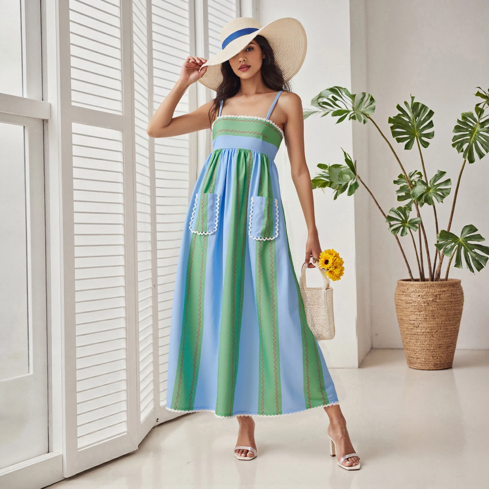 Vestido largo tipo camisola a rayas para mujer, vestido de playa fluido con tirantes finos de verano y corte holgado con bolsillos delanteros para vacaciones