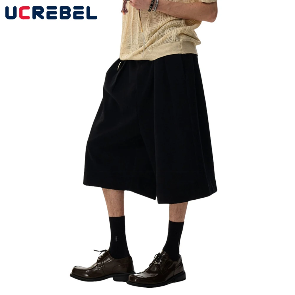 

Ретро однотонные плиссированные шорты мужские летние уличные свободные широкие повседневные короткие брюки мужские