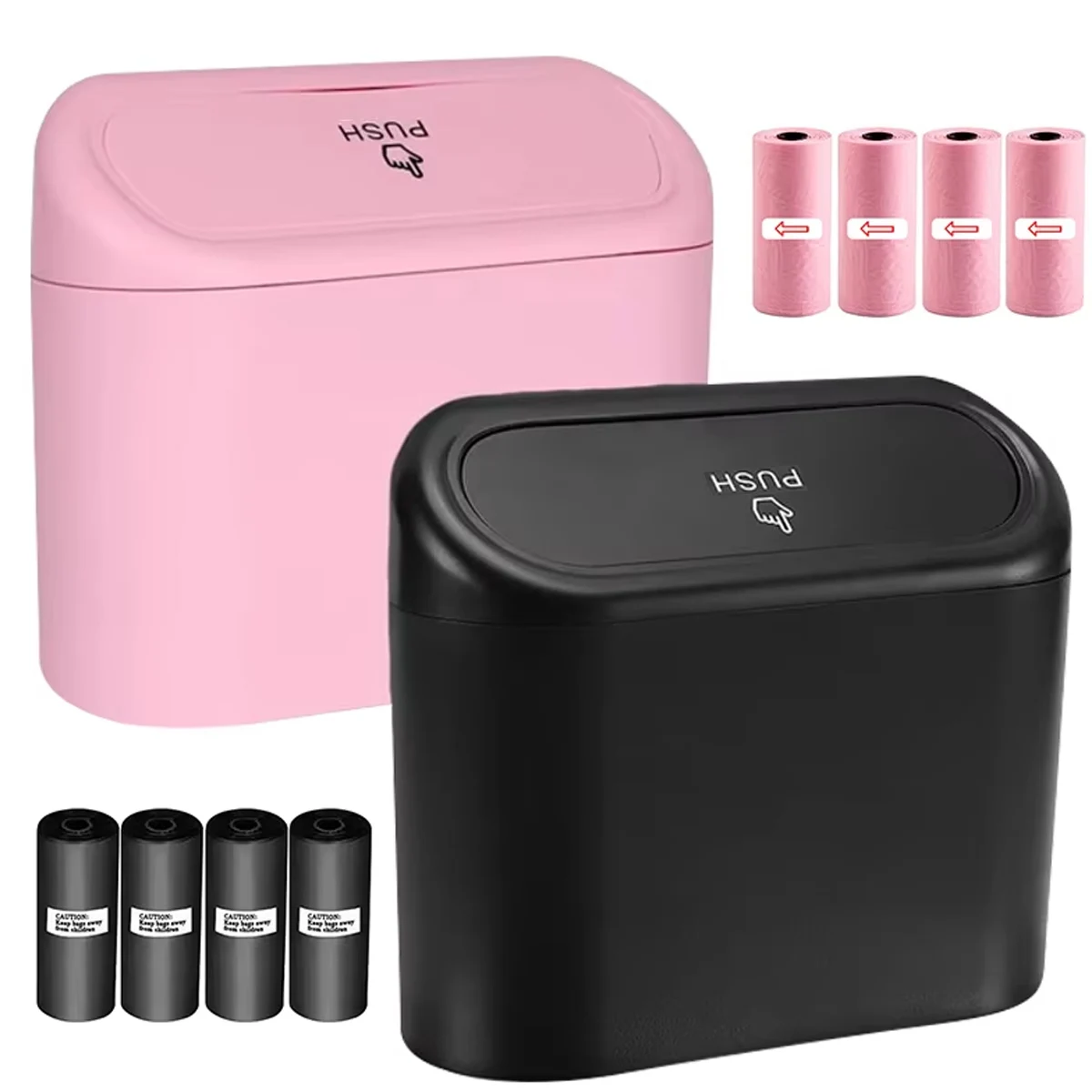 1L Car Interior Storage Box Trash Can with 4 Rolls (60pcs) Trash Bags ABS Mini Trash Can with Lid with Trash Bag Car Storage Bin
