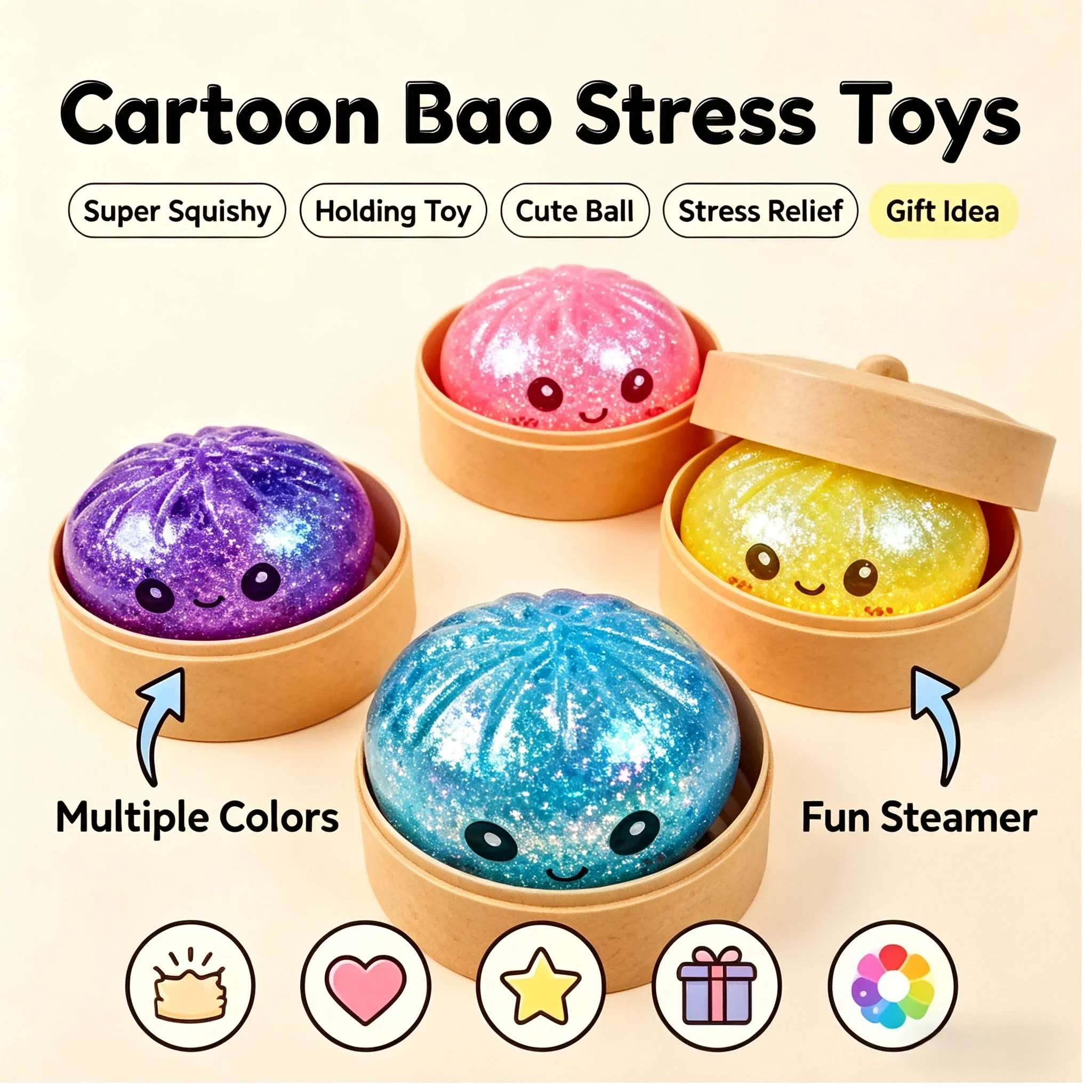 Steamed Bun Squeeze Toy Simulation Bao Stress Relief Fidget Toy with Beads Sparkles Soft Squishy Sensory Decompression Accessory