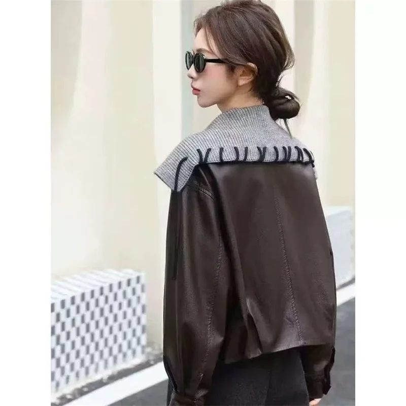 Fashion Women's Leather Coat 2026 Spring Autumn New Design Navy Collar PU Leather Jacket Short Casual Coat Top Wear Outside