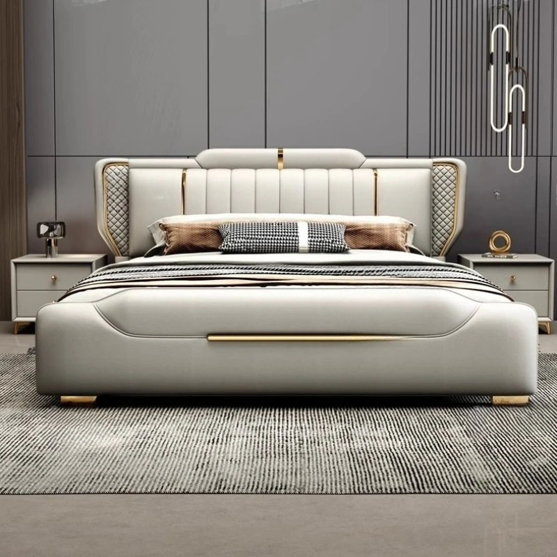 

Modern Light Luxury Genuine Leather Wood Single Double Bed Queen King Size Bedroom Stuff Camas De Dormitorio Bedroom Furniture