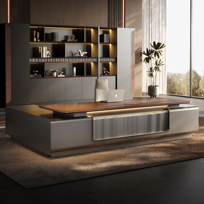 gs-Luxury Wood Finish MDF Executive L-Shaped Office Desk With Storage For CEO One-stop Office Furniture Collection Sets
