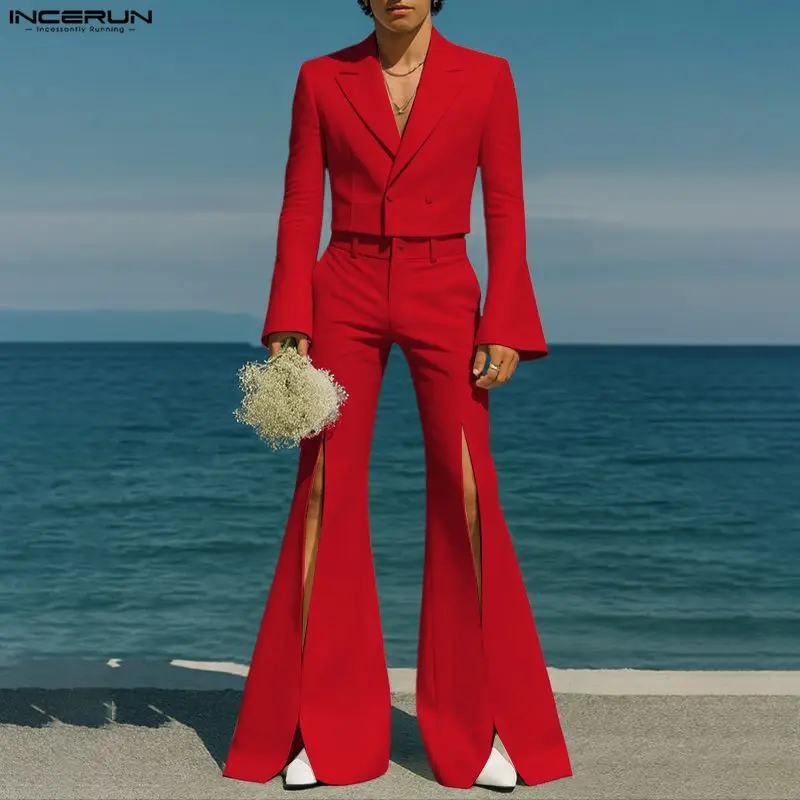 

INCERUN Мужские комплекты Однотонный укороченный пиджак с длинными рукавами и брюки-клеш Комплекты из двух предметов Уличная одежда Модные повседневные мужские костюмы