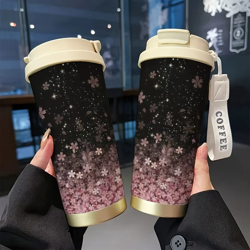 1pc 18oz Stainless Steel Insulated Travel Mug. Starry Sky and Cherry Blossom Pattern Design.. Outdoor Cup. Travel Mug Coffee Cup