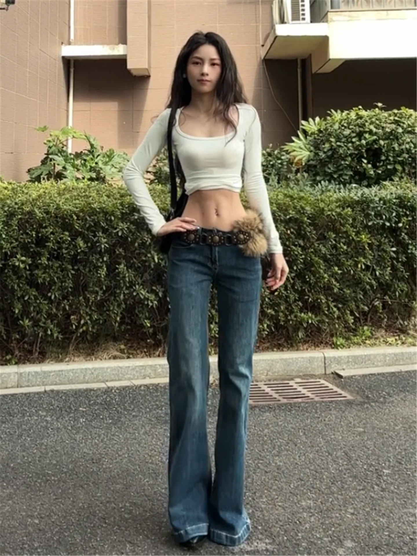 

Loose Fit Low Waist Bell Bottom Jeans Women's Spring Casual Cotton Denim Pants Slimming Effect Street Style Dark Blue