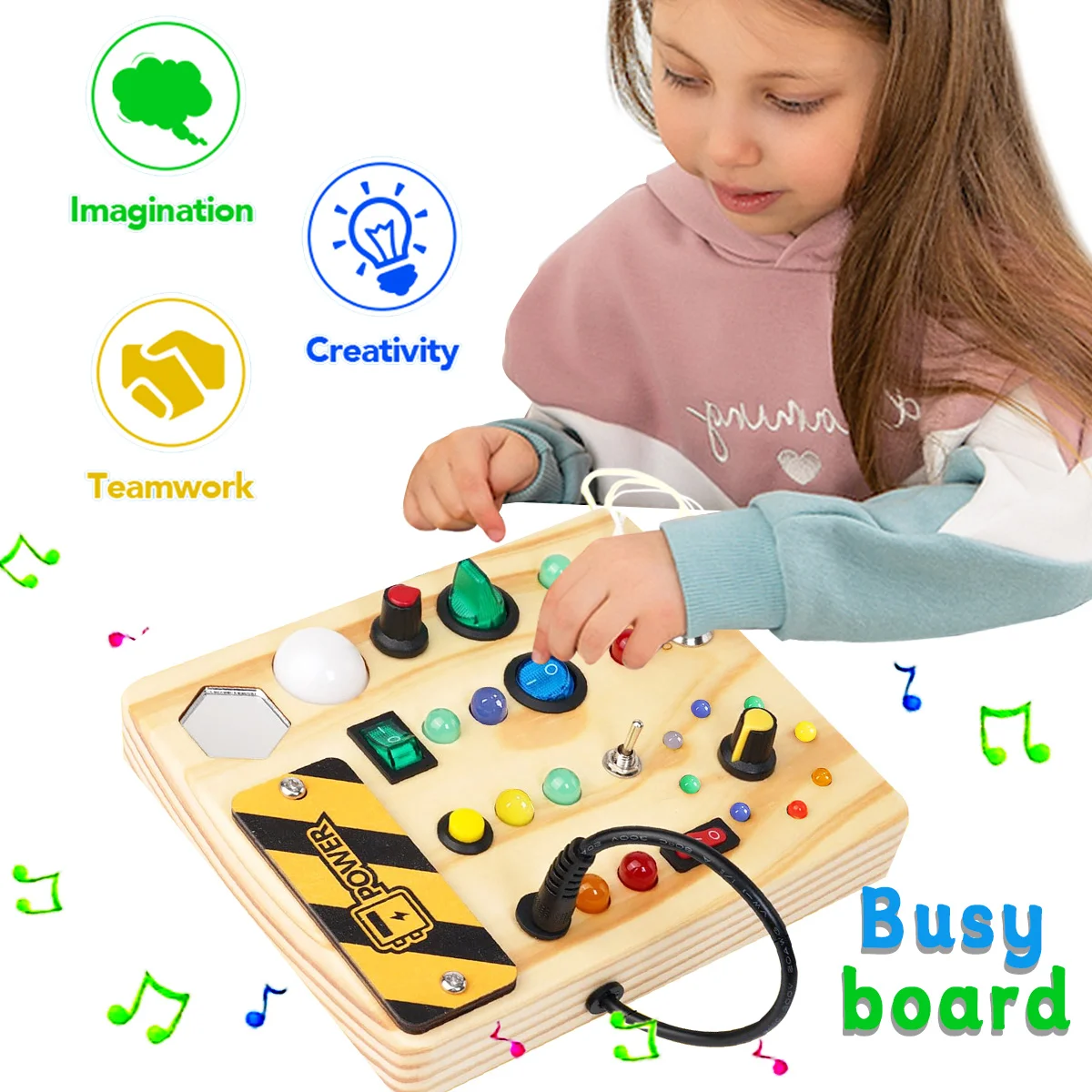 لوحة خشبية مشغولة للأطفال، لوحة LED مشغولة، لعبة حسية خشبية مع مفتاح إضاءة، لعبة مثالية للسفر لعيد الميلاد والهالوين