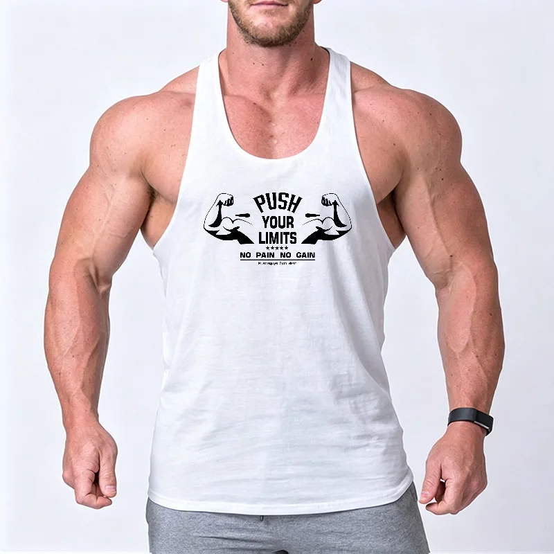 Mens Cotton Running Vests Y-Back PUSH YOUR LIMITS NO PAIN NO GAIN Gym Training Stringer Tank Tops Bodybuilding Workout Shirt