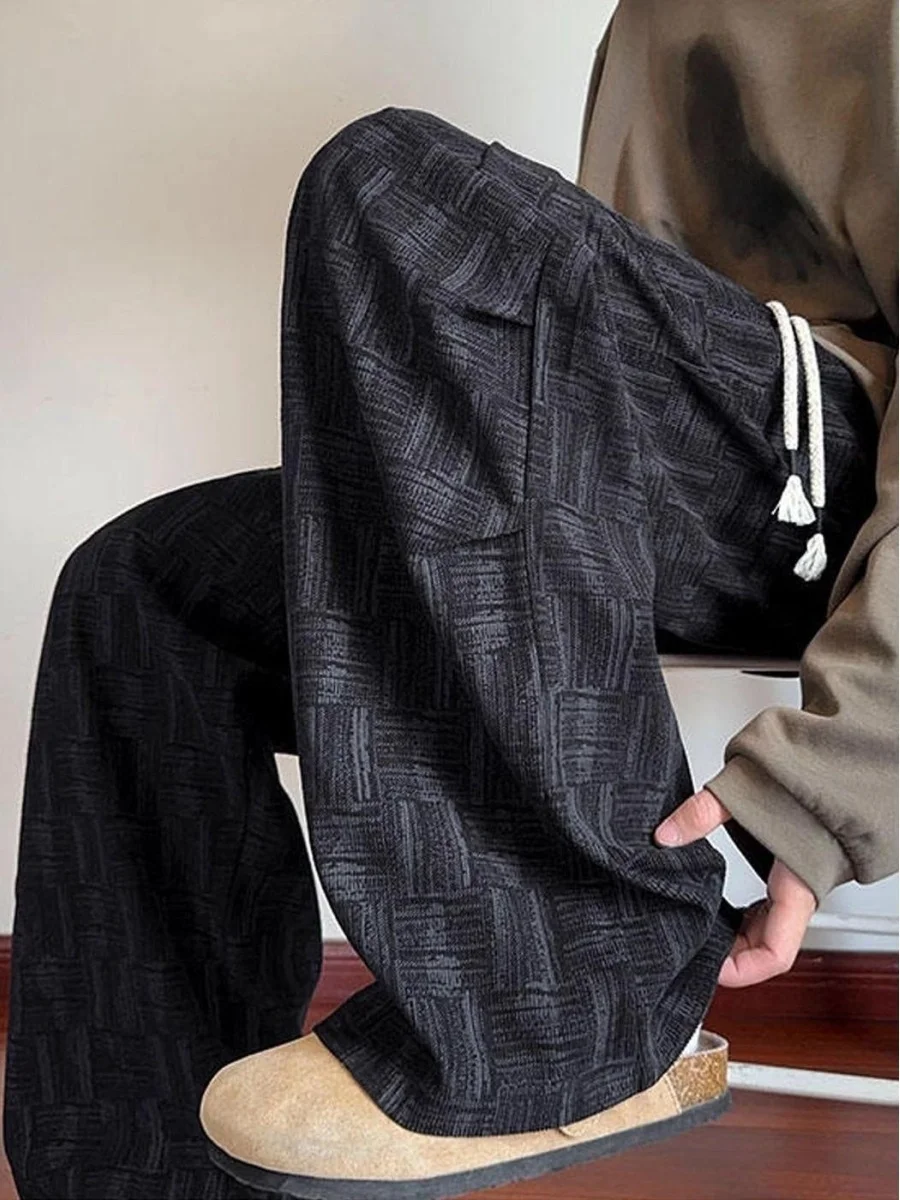 

American Sle Casual Plaid Men's Autumn Winter Loose Drapey Sport Straight Leg Wide Leg Long Pants Trousers