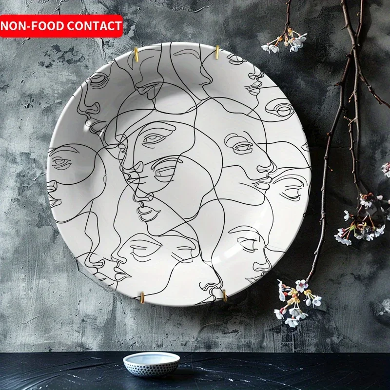 1pc Non-Food Contact Hand-Painted Ceramic Wall Art Plate - Elegant Women'S Faces Design, Black & White Decorative Platter for