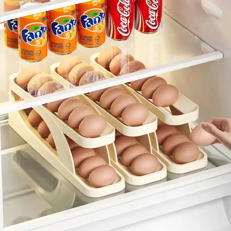 Double Layer Rolling Egg Dispenser Holder for Refrigerator - Space Saving, Holds 12-14 Eggs, Auto Gravity Feed, (ABS Plastic)