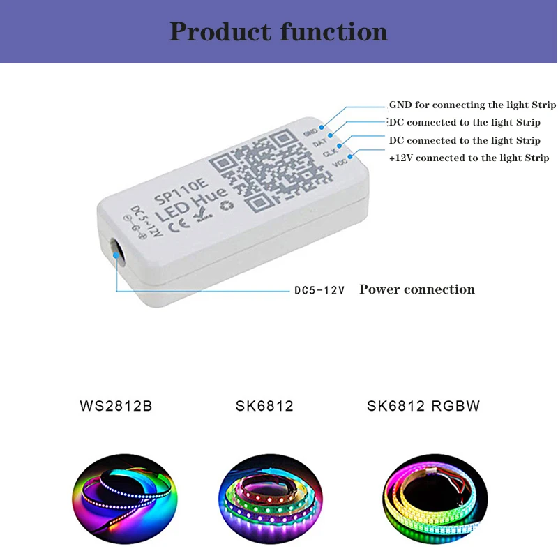 블루투스 컨트롤러 LED 미니 개별 주소 지정 조명, DC5-24V 포함 스트립 라이트, SP110E, WS2812B, 1 개