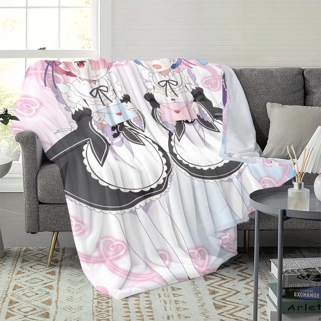 Re:Zero Rem & Ram Flannel Blanket, Cute Anime Maid Throw Blanket, Soft Warm Lightweight Blanket for Bed Sofa