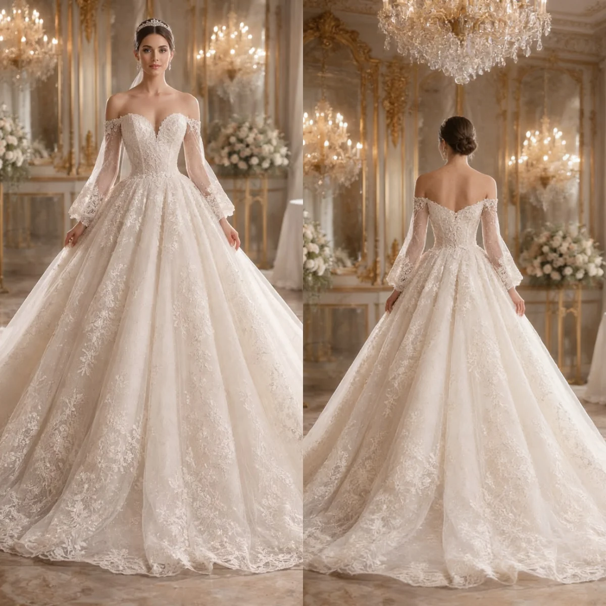 

Customized 2026 Elegant Princess Dress Wedding Dress Long Sleeve Sweetheart Collar Off Shoulder Lace Stickers A Pendant Skirt