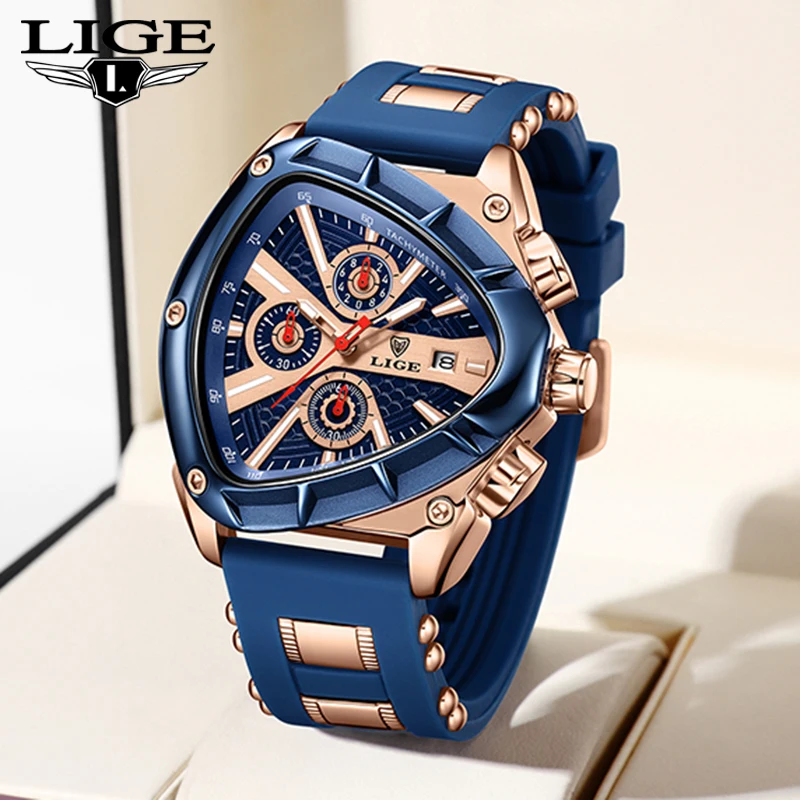 LIGE Fashion Mens Watch Luxury Triangle Quartz Watches Men Military Waterproof Chronograph Clock Wristwatches Male Reloj Hombre