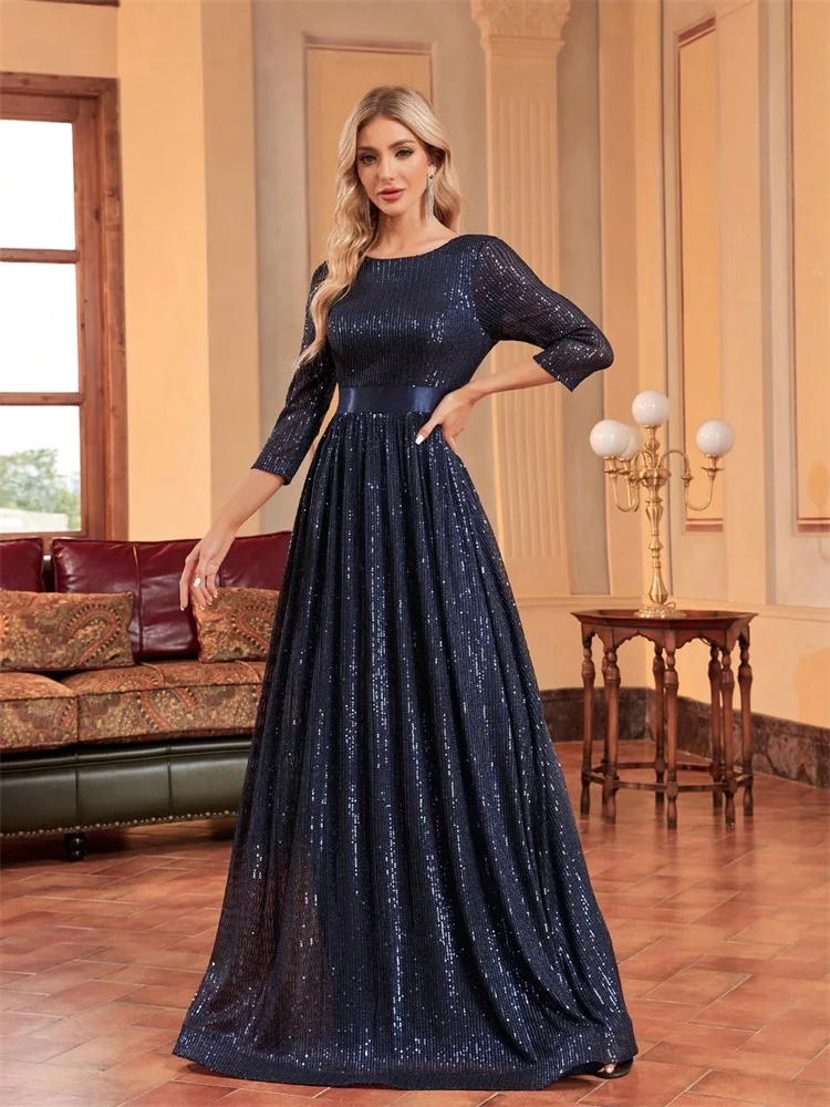 Luxury O-Neck Long Sleeves Sequins Formal Evening Dress Women 2025 Wedding Party Prom Maxi Cocktail Dresses Graduation Vestidos