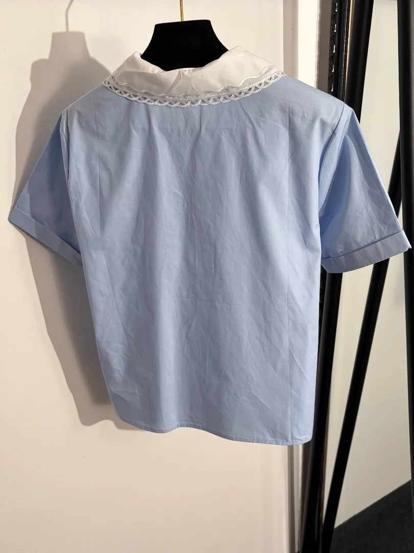 College Style Lace Shirt Women's Short Sleeve Baby Doll Collar Slimming Design Versatile Fashionable Top Age-Defying