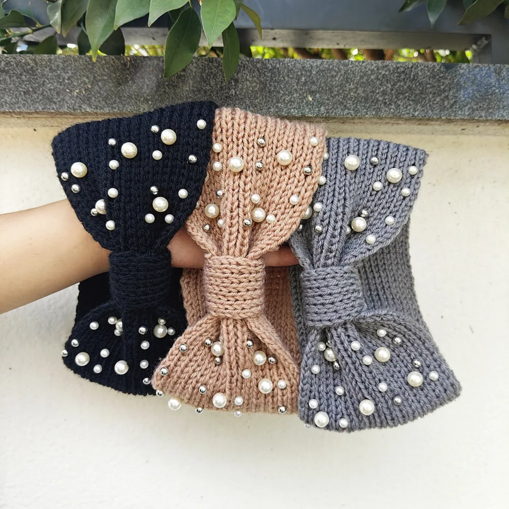 

New Wide Bowknot Pearl Headbands for Woman Warm Hairband Elastic Sports Yoga Headwear Girls Hair Band Winter Hair Accessories