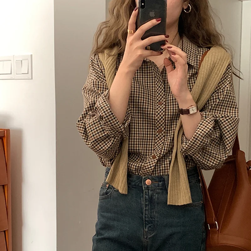 Women's Plaid irt Long Sve  Ne Patterned Spring Autumn Korean Sle Loose Versatile Layering Inner Wear Top
