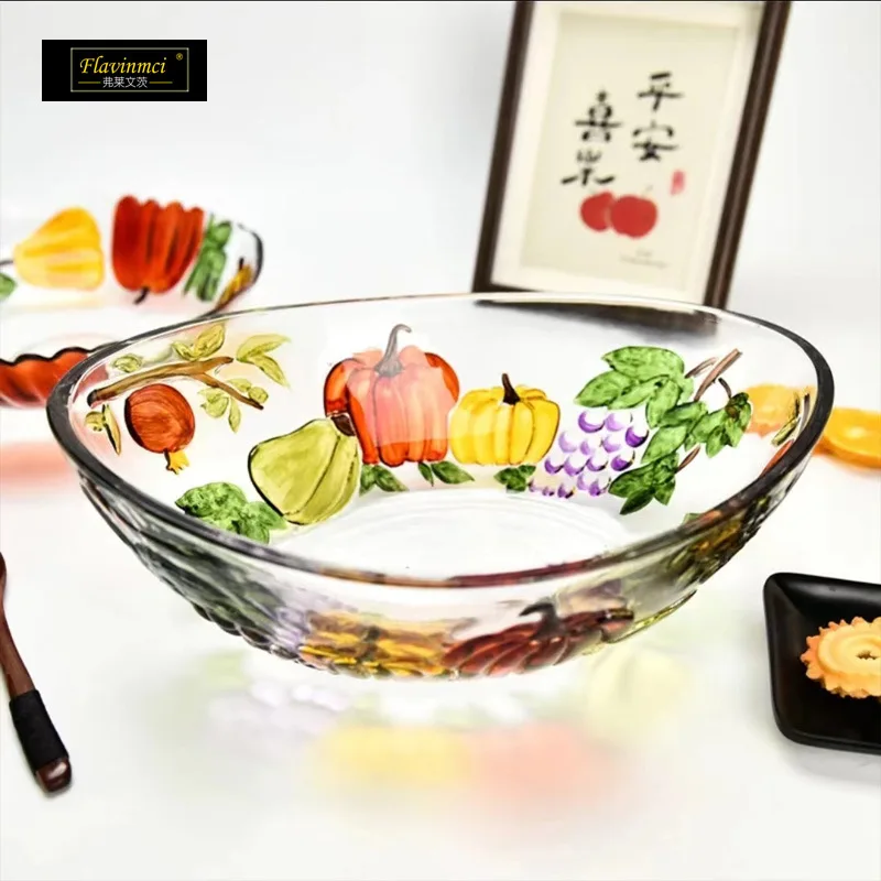 Wholesale Pastoral Painted Pumpkin Glass Fruit Plate Fruit Basin Snack Dish Office Home Living Room Coffee Table Large Capacity