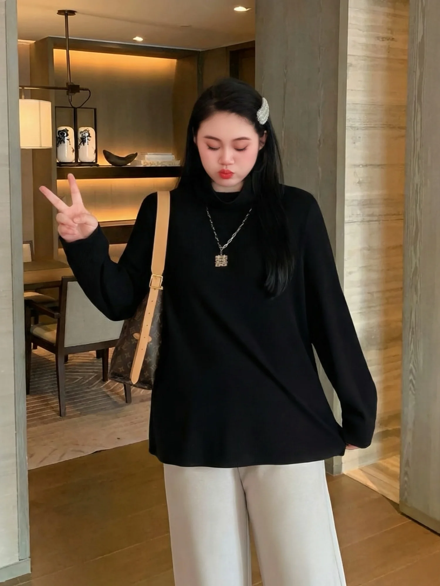 

Large Size High Collar Base Shirt Lazy Style Personality Slimming Inner Wear Trendy Top Commute Style Knitted Sweater