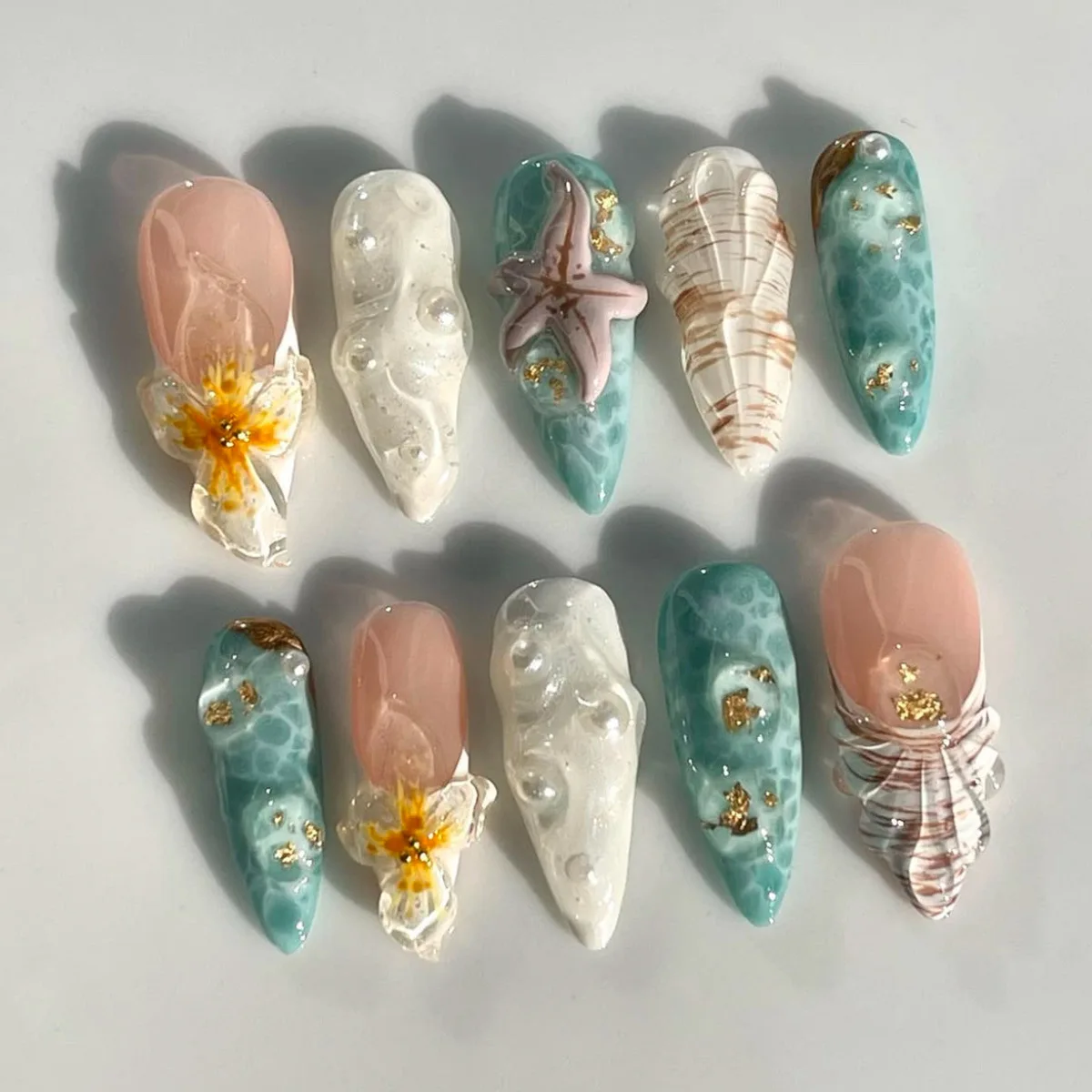 10PCS Beige Press on Nails Stiletto Fake Nails with 3D Starfish Shell Flower Pearl Gold Summer Beach Ocean Nail Art for Women