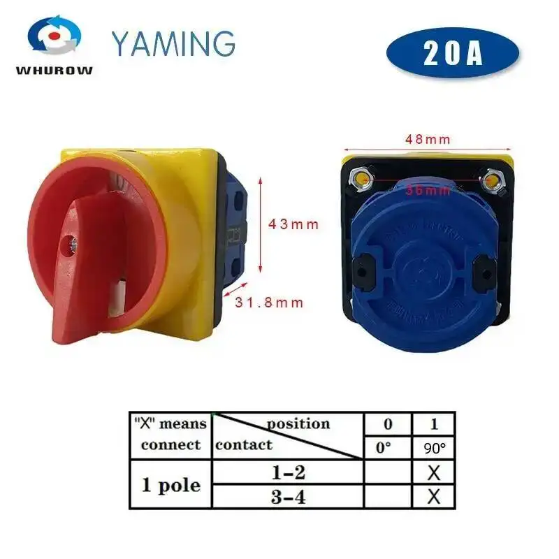 On Off Switch 2 Position Selector Changeover 20A 1 Pole Pad Lock Main Cam Rotary Switches Emergency Stop YMW26-20/1GS