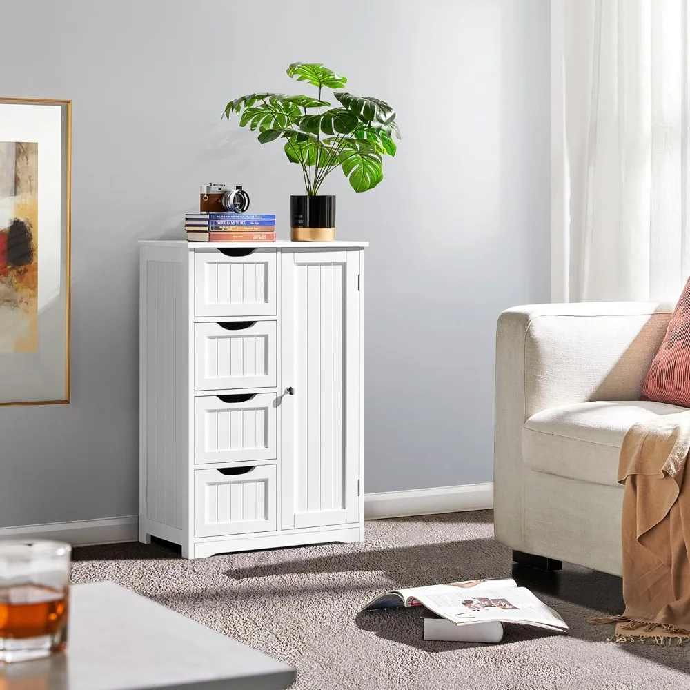 

Wooden Floor Cabinet, Side Storage Organizer with 4 Drawers and 1 Cupboard, Freestanding Entryway Storage Unit Console Table, B