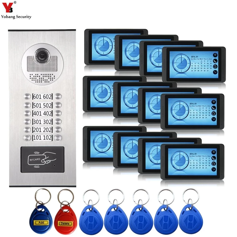 

Yobang Security Apartment Door bell 7"Inch Video Door Phone Doorbell Intercom System RFID Access Control 1 Camera 12/10/8/6/4