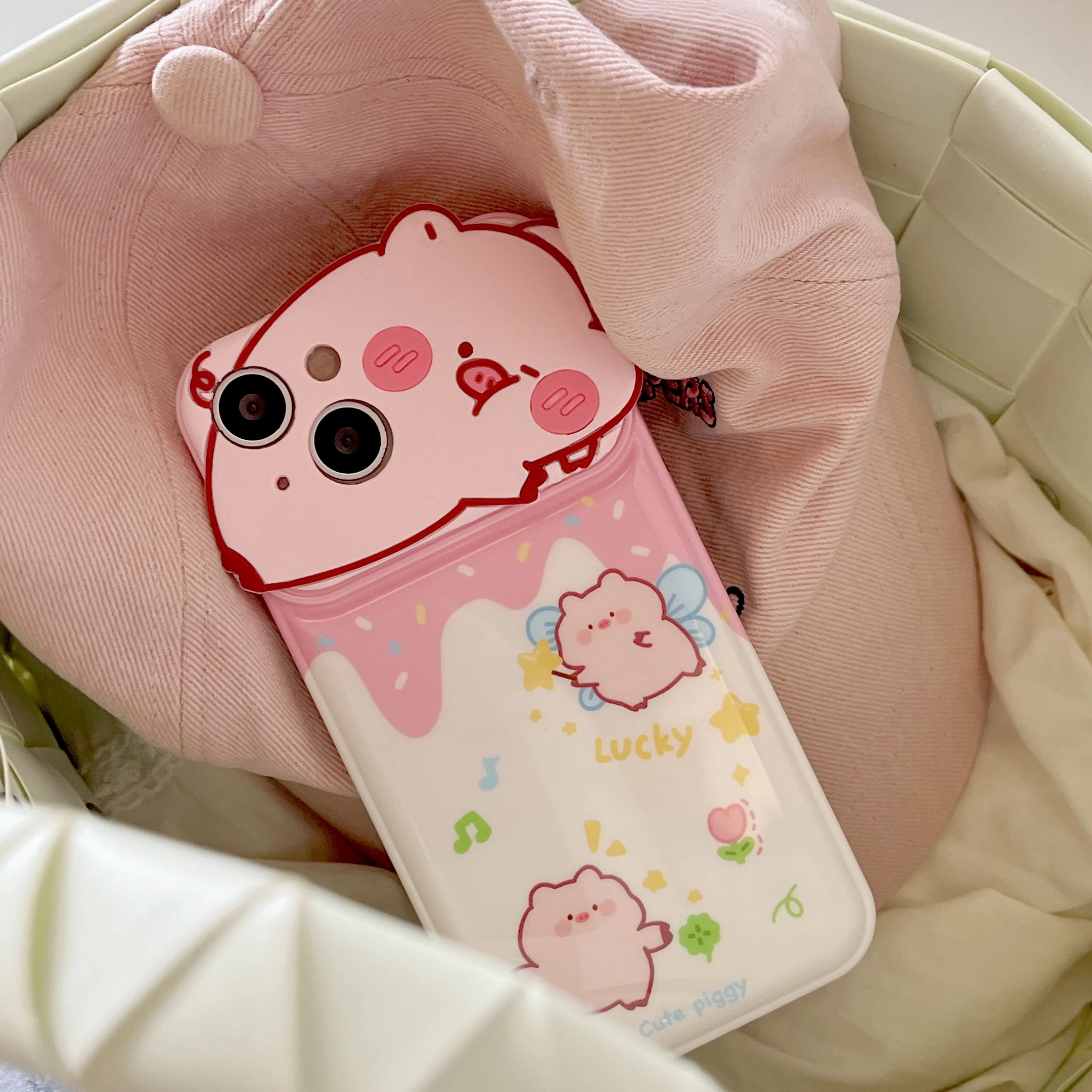 Ins Cute Little Piggy 3D Camera Protect Phone Case For iPhone 13 Pro Max 14 11 12 Soft Silicone Shockproof Back Cover Girl Gift