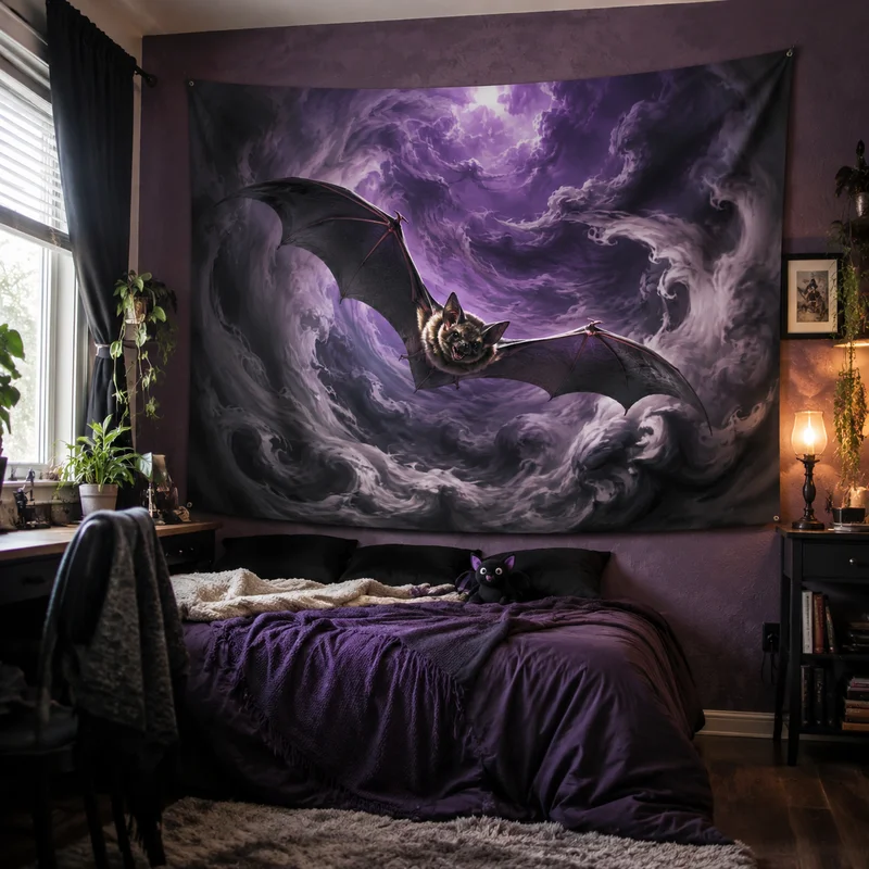 VIKAMA Gothic Castle Tapestry, Purple Lightning Bat Dark Aesthetic Wall Hanging, Halloween Home Decor