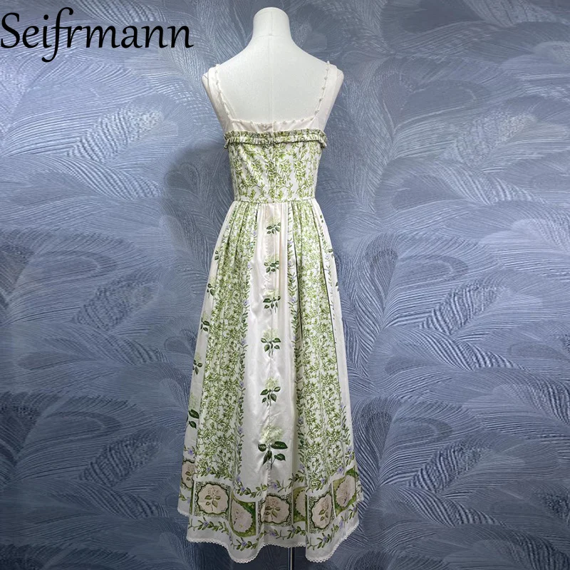 Seifrmann ファッションデザイン レディース ロングドレス セクシー スパゲッティストラップ バックレス 花柄 Aライン ビッグスイング コットンドレス