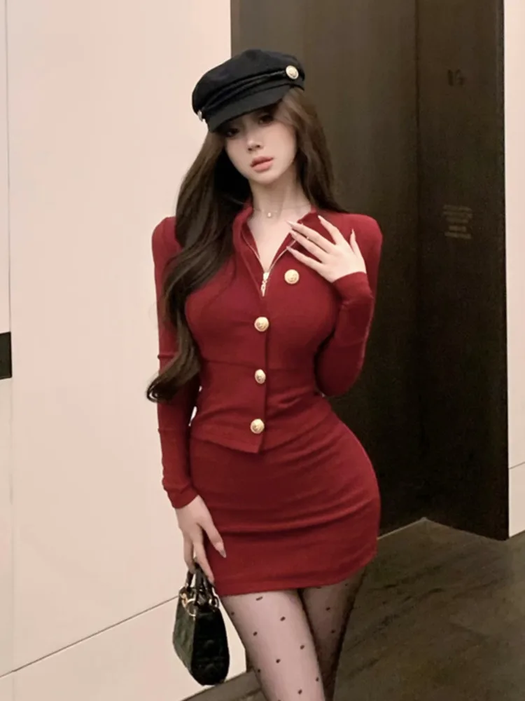 2024 New Autumn Christmas New Year's Two Piece Set For Women Korean Elegant Fashion OL  Crop Top + Mini Skirt 2 Piece Outfits