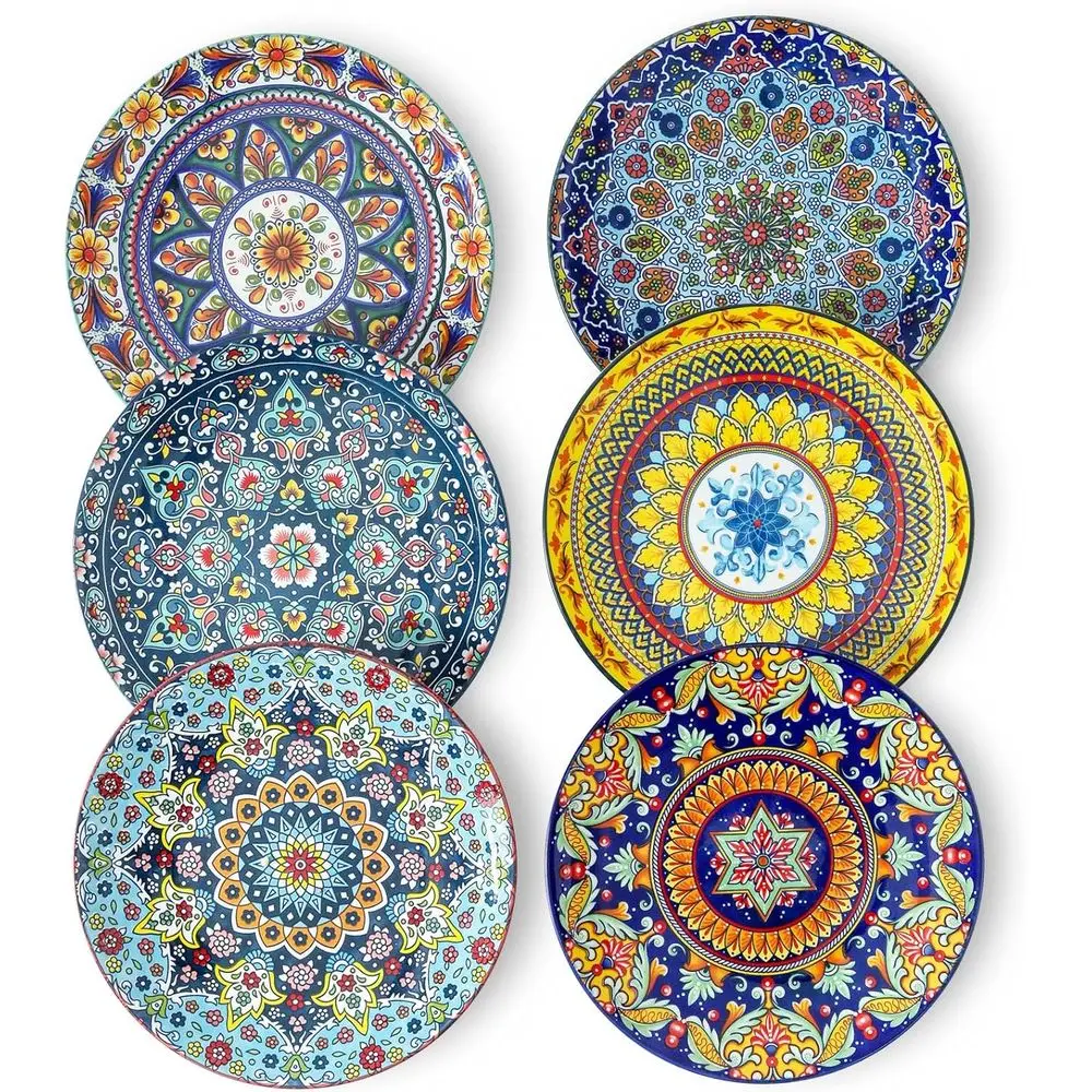 

Salad Plates Set of 6, 8.5 Inch Ceramic Dinner Plates, Colorful Bohemian Dessert Plates Set for Kitchen, Restaurant, Housewarmin