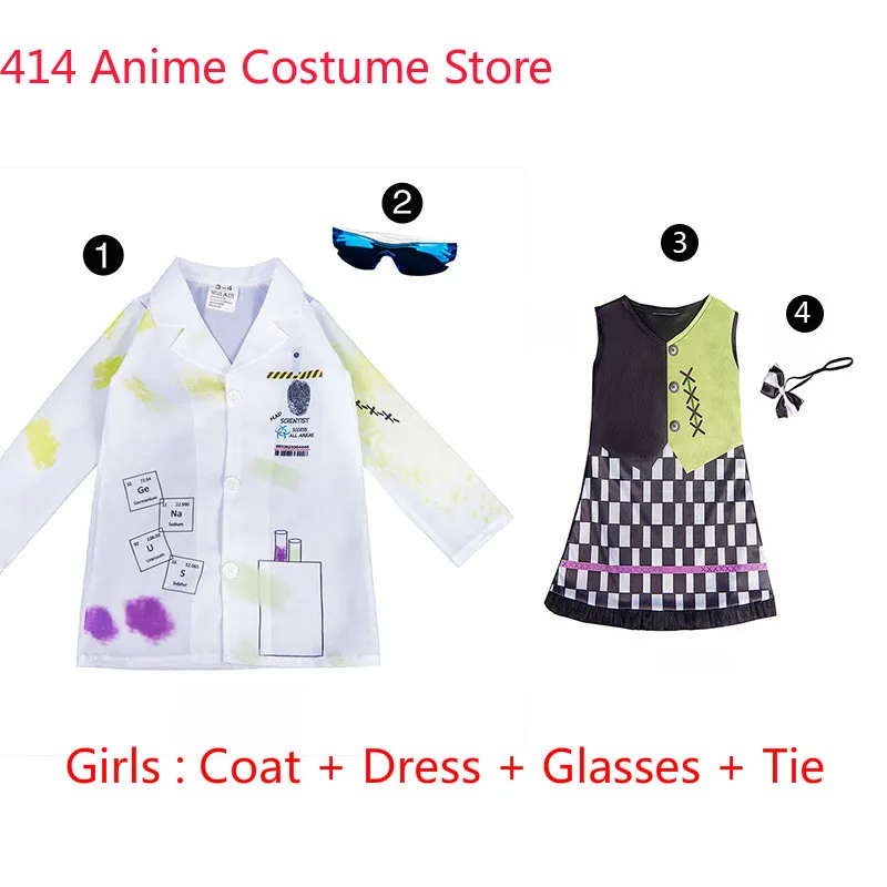 Halloween Costume For Kids Boys Girls Crazy Scientist Cosplay Costume Full Sets Wig Dress up 3-14Y C50C97