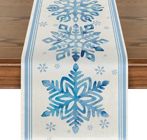 Christmas Blue Snowflake Linen Table Runner Seasonal Winter Xmas Kitchen Party Table Decor Christmas Navidad Decorations 2025