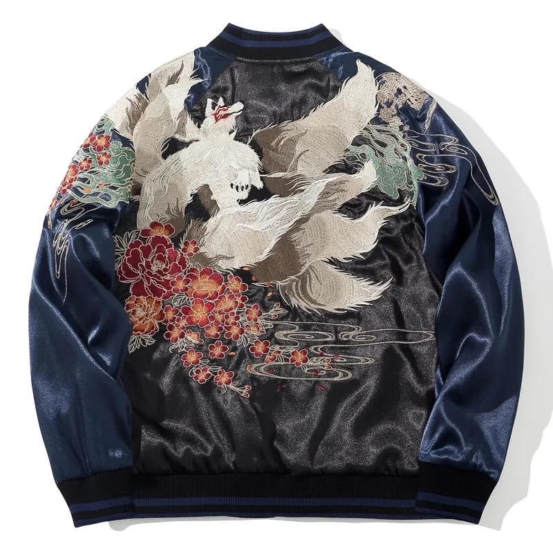 New Men Boys High Street Sukajan Souvenir Jacket Nine Tailed Fox Peony Embroidered Pilot Bomber Letterman Varsity Award Vintage