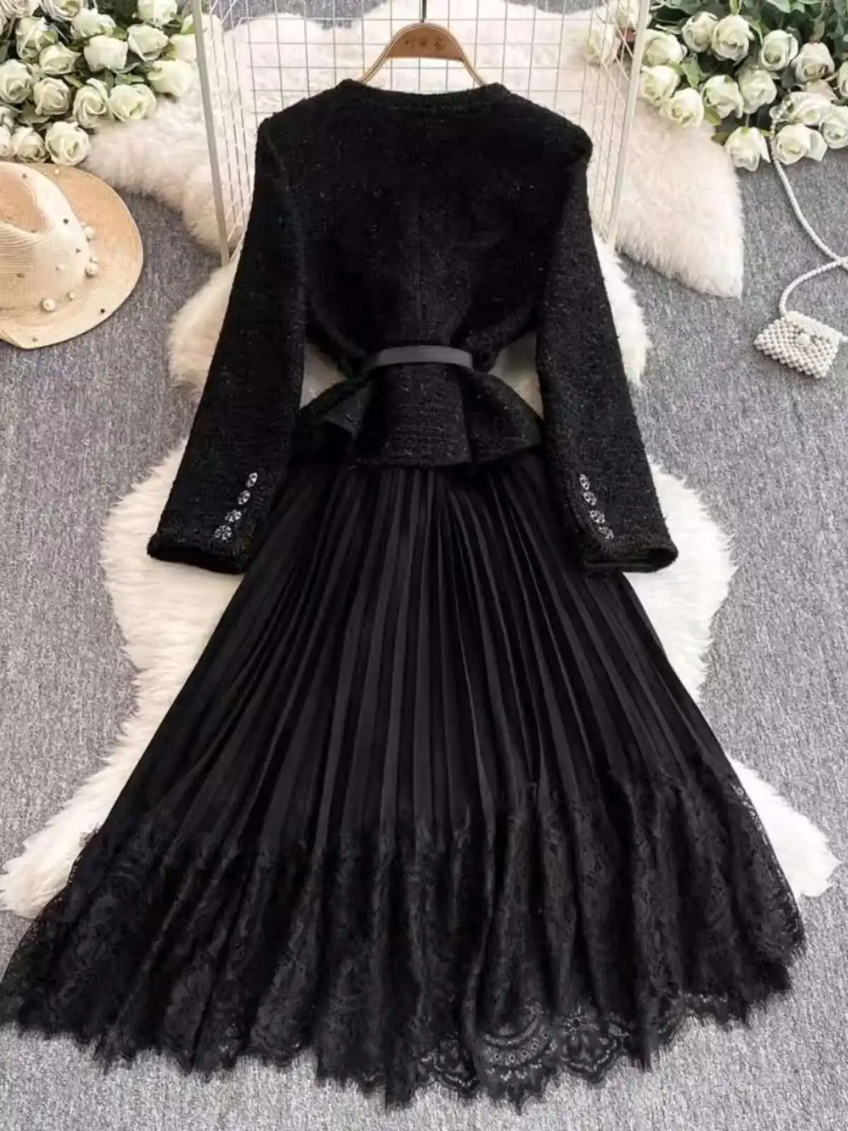 Hepburn eleganti abiti lunghi in tweed donna autunno cintura di cristallo chiffon pieghettato abiti da festa in pizzo abito di lusso occasione formale