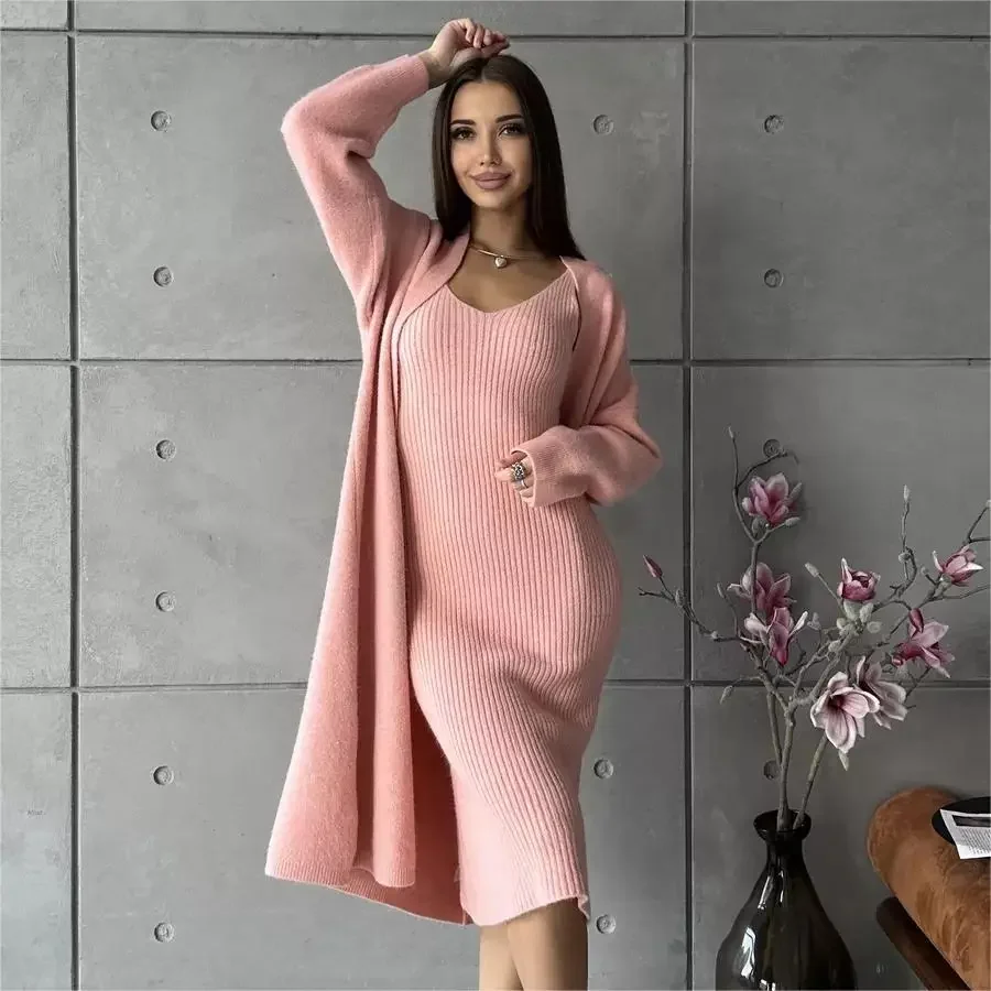 Solid Color Loose Knit Long Two-piece,Women's Long-sleeve Cardigan Coat+V-neck Casual Vest Dress Comfort Suit, Autumn and Winter