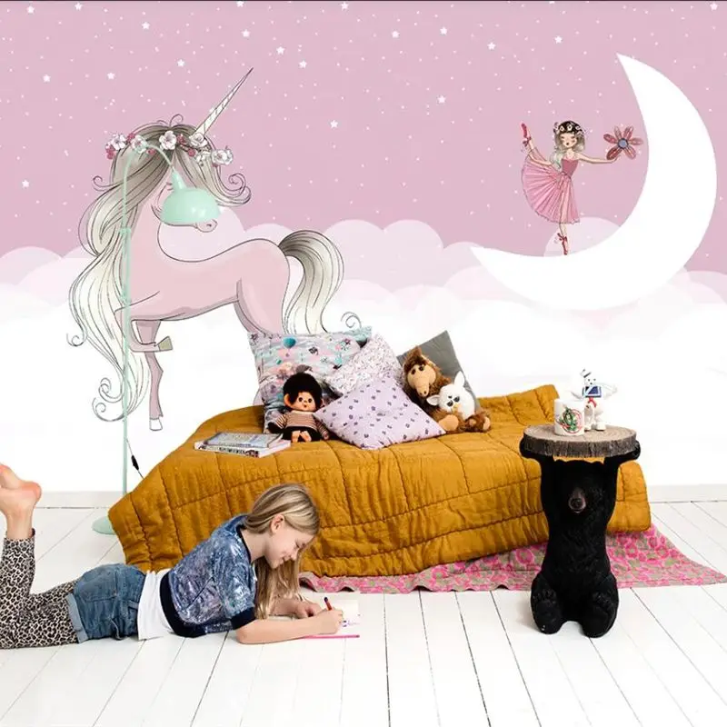 

Customized wallpaper 3d Nordic modern hand-painted pink unicorn moon girl stars white clouds children's room TV background wall