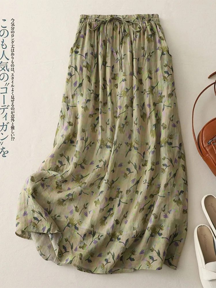 Retro bloemenprint linnen f rok dames zomer lichtgewicht ademend hoge taille gedrapeerde afslankende dubbellaagse a-lijn rok