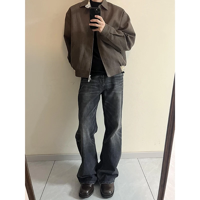 

Black Bell Bottom Washed Denim Jeans Straight Cut High Street Vibe Autumn Winter Men's Fashion Retro American Cleanfit Trousers