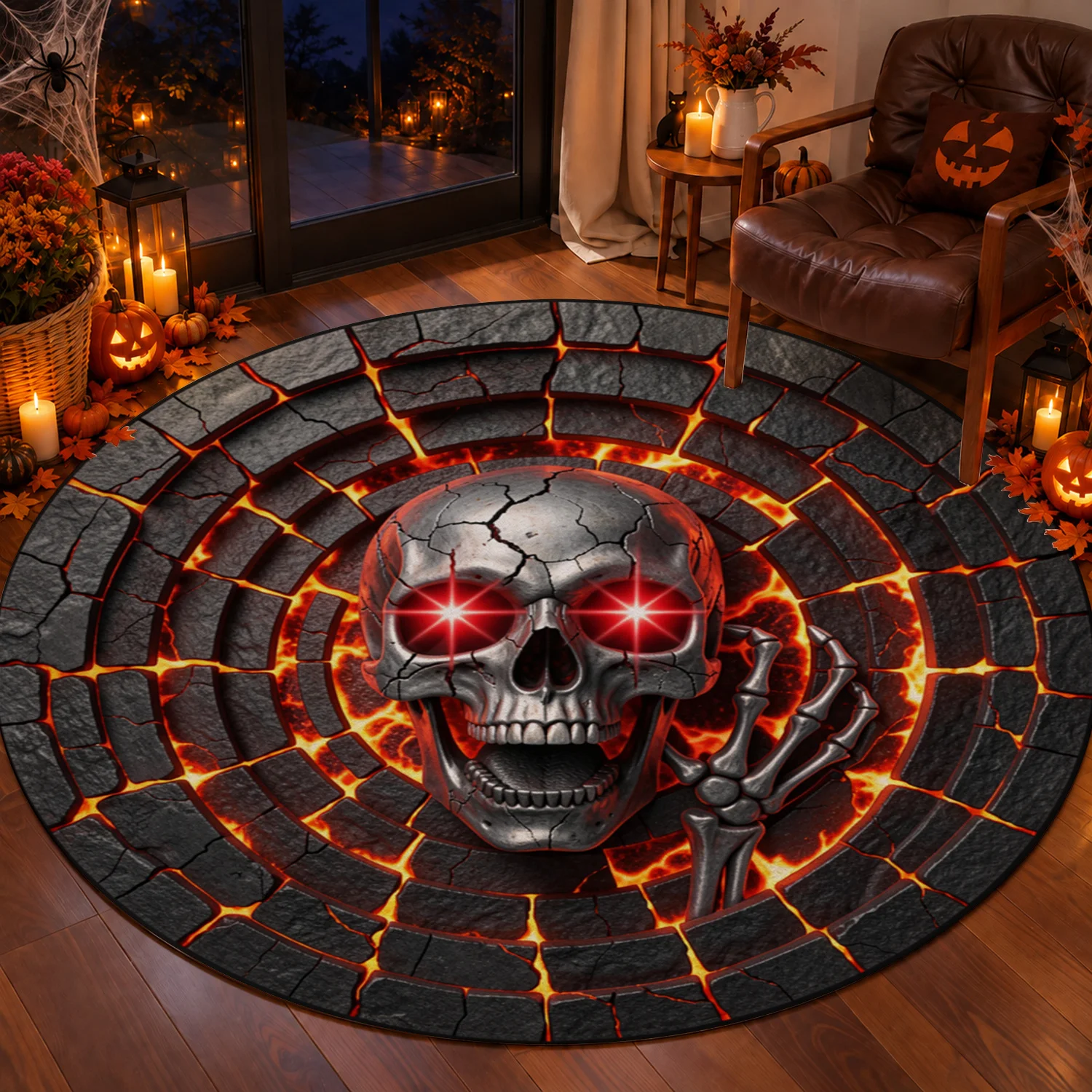 Fiery Skull Lava Print Round Velvet Rug Machine Washable for Living Room Bedroom Entryway Dining Room Halloween Thanksgiving Black Friday Cyber Monday Christmas New Year