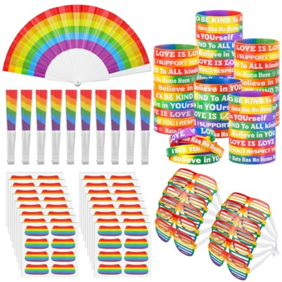 

Lineshading 175 Pcs/25 Sets Rainbow Gay Pride Day Items Bulk Pride Parade Supplies LGBT March Accessories Rainbow Folding Fans