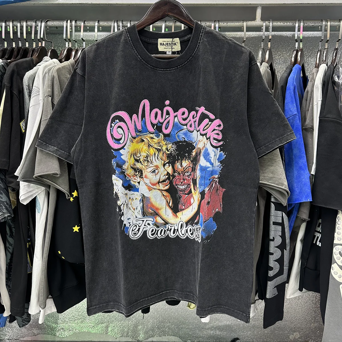 American Style Short Sleeve T-Shirt Water Washed Pure Cotton Angel Devil Rhinestone Street Style Hip Hop Casual Youth Fashion