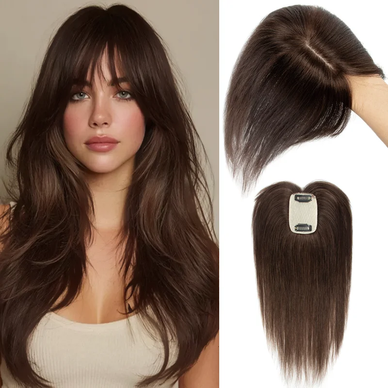 One Piece Human Hair Topper With Bangs 2 Clip In Type 20G 360 Degree All Round Coverage Gray Hair Cover Piece Women Hair Thickening Accessory 5x9cm Base Multiple Sizes